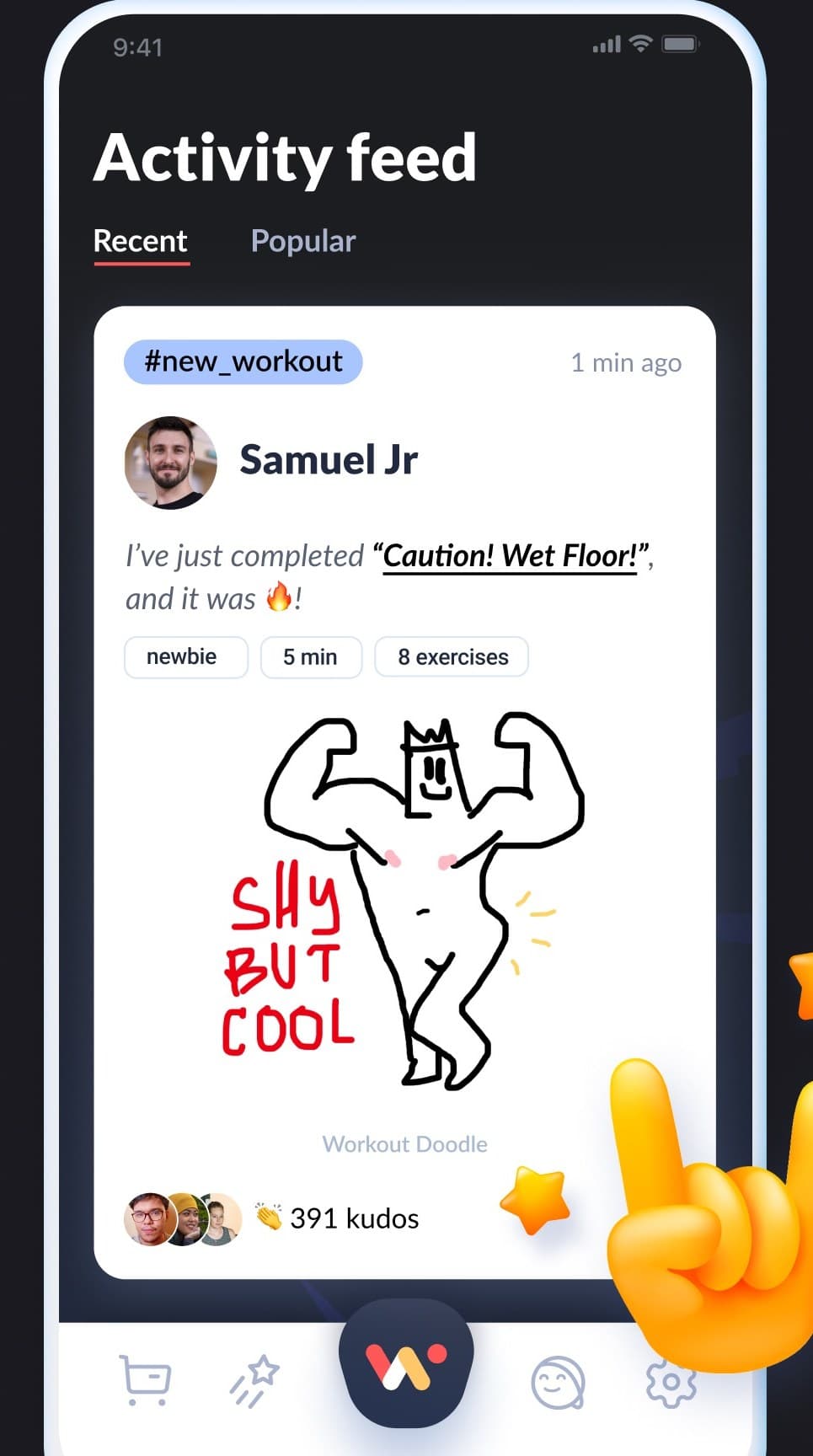 Activity feed: other people’s workouts, workout doodles and kudos. A separate query collects an author’s doodles into the gallery on their profile.