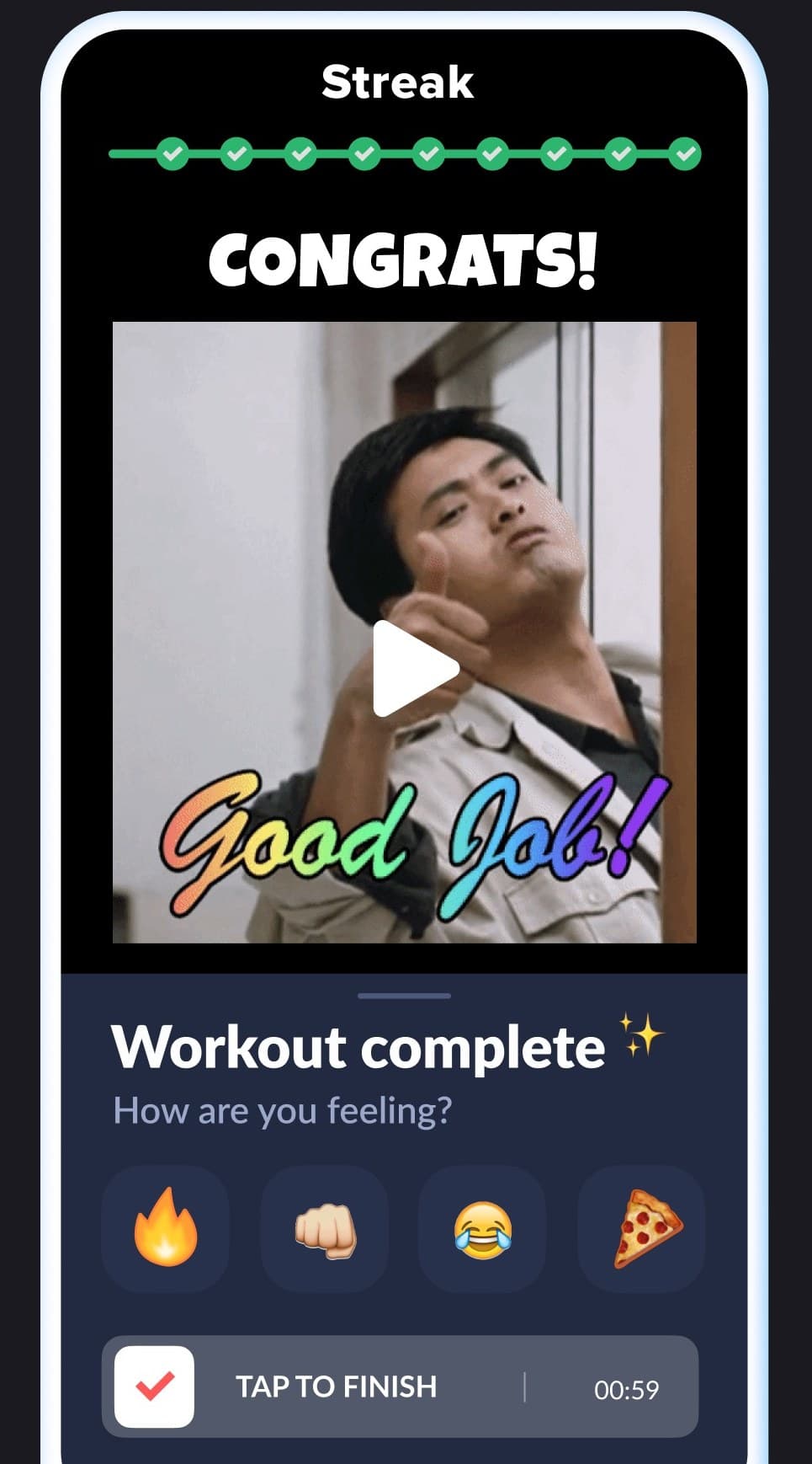 End of a workout: the streak, a meme reward and a question about how it felt. From here the result goes into the reports and into Apple Health.