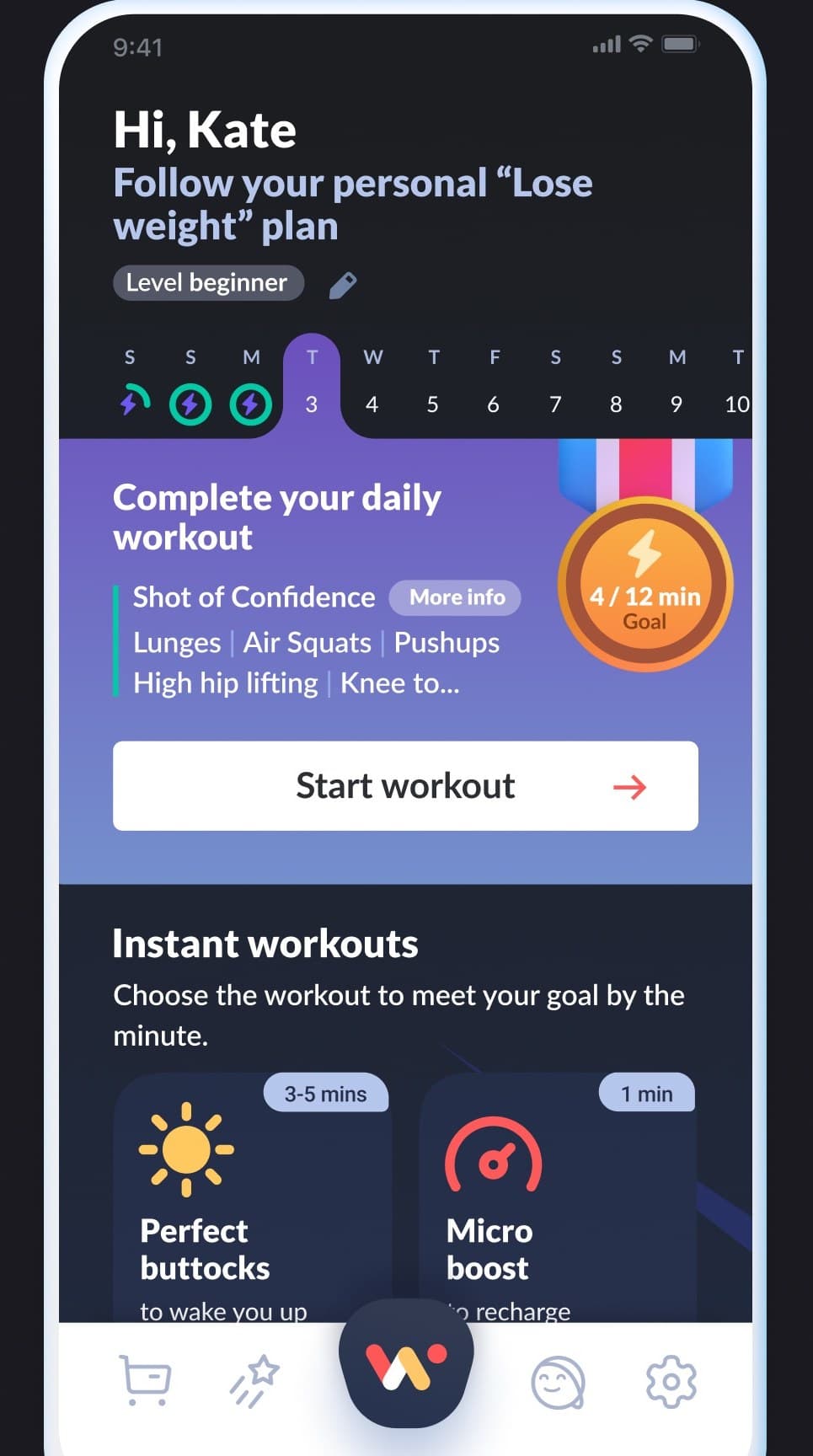 Home screen: the personal plan for the day, the streak strip with completed days, and instant workouts of one to five minutes.