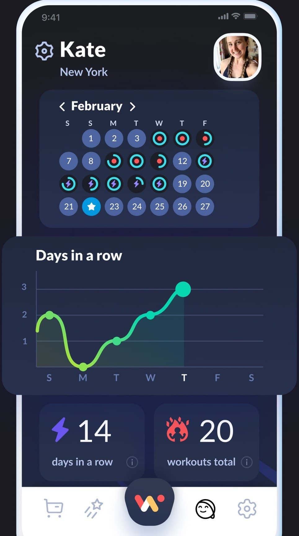 The progress screen, my part of the work: month calendar, streak chart and the "days in a row" and "workouts total" counters. Three Firestore reports on one screen.