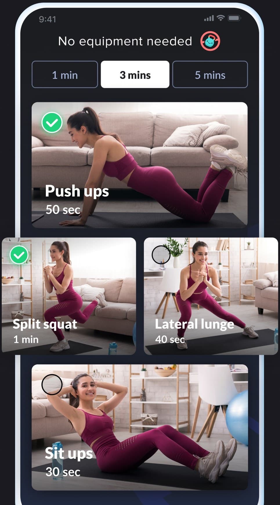 Picking a workout: a 1/3/5-minute duration filter, with a video and a timer behind every exercise. No equipment needed.
